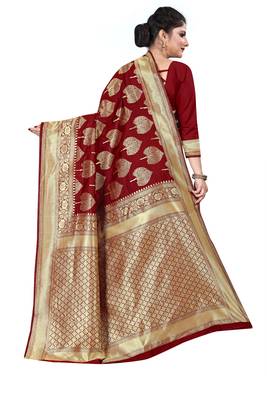 Maroon woven silk blend saree with blouse 4