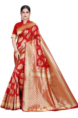 Red woven silk blend saree with blouse 1