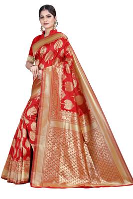 Red woven silk blend saree with blouse 2