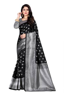 Black woven silk blend saree with blouse 1