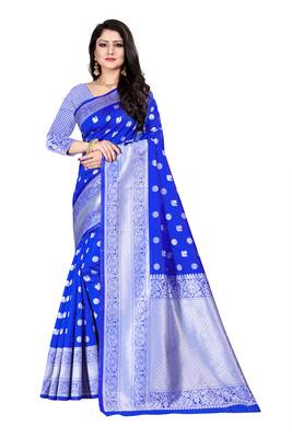 Blue woven silk blend saree with blouse 1
