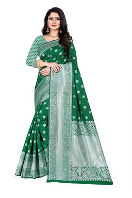 Green woven silk blend saree with blouse 1