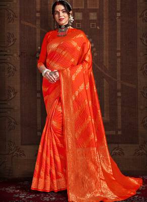 Dark Orange woven silk Bandhani sarees saree with blouse 1