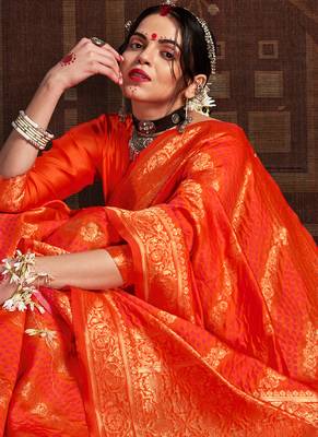 Dark Orange woven silk Bandhani sarees saree with blouse 2