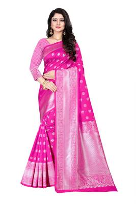 Pink woven silk blend saree with blouse 1