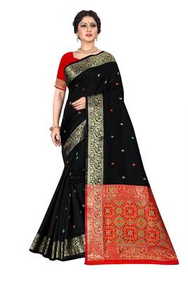 Black woven silk blend saree with blouse 1