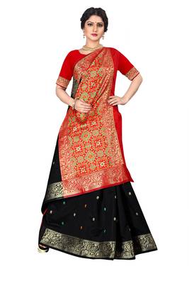 Black woven silk blend saree with blouse 4