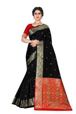 Black woven silk blend saree with blouse 5