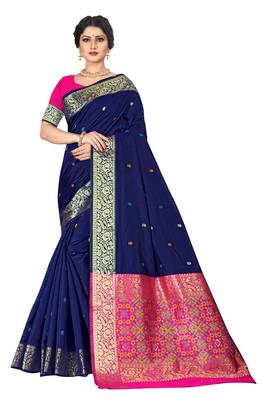 Dark blue woven silk blend saree with blouse 1