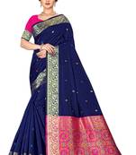 Dark blue woven silk blend saree with blouse