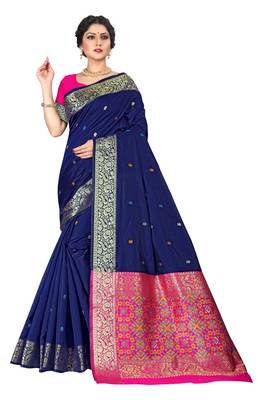 Dark blue woven silk blend saree with blouse 2