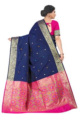 Dark blue woven silk blend saree with blouse 3