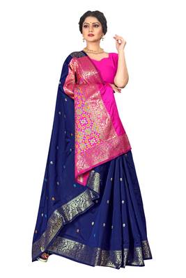 Dark blue woven silk blend saree with blouse 5