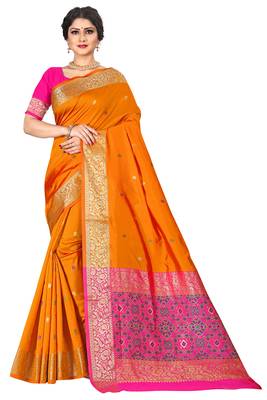 Orange woven silk blend saree with blouse 1