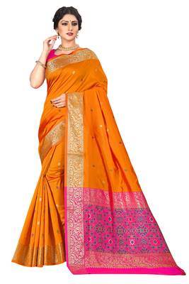 Orange woven silk blend saree with blouse 2