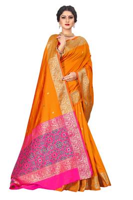 Orange woven silk blend saree with blouse 3