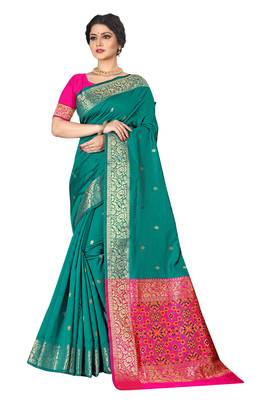 Dark green woven silk blend saree with blouse 1
