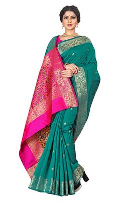 Dark green woven silk blend saree with blouse 4