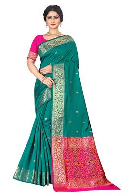 Dark green woven silk blend saree with blouse 5