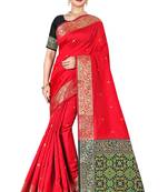Red woven silk blend saree with blouse