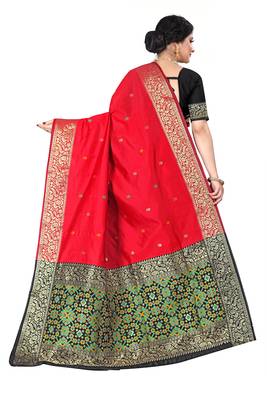 Red woven silk blend saree with blouse 3