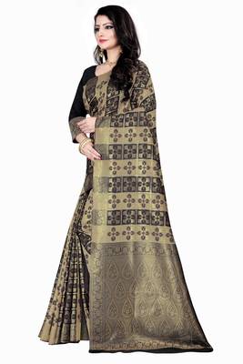 Dark antique gold woven silk blend saree with blouse 2