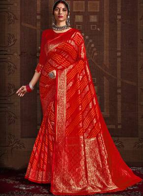 Red woven silk Bandhani sarees saree with blouse 1