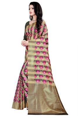 Dark antique gold woven silk blend saree with blouse 2