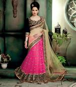 Beige and Pink Embroidered Net saree with blouse