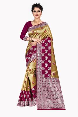 Gold woven silk blend saree with blouse 1
