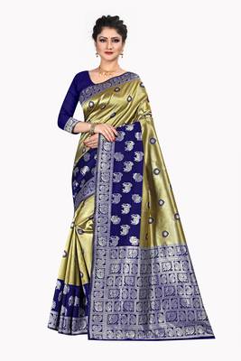 Gold woven silk blend saree with blouse 1