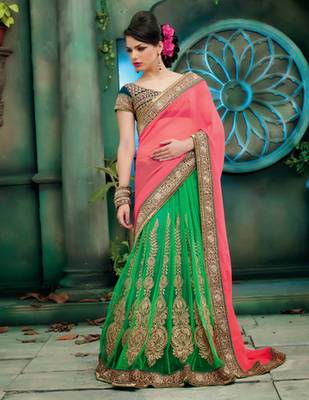Pink and Green woven Net saree with blouse 1