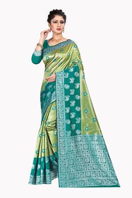 Gold woven silk blend saree with blouse 2