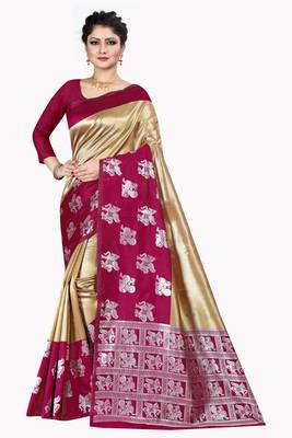 Gold woven silk blend saree with blouse 1