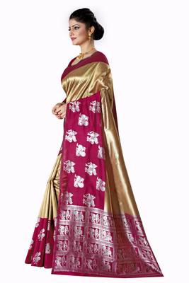 Gold woven silk blend saree with blouse 2