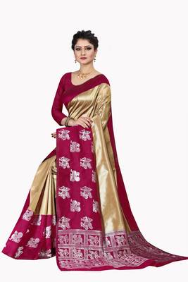 Gold woven silk blend saree with blouse 5