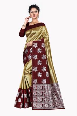 Gold woven silk blend saree with blouse 1