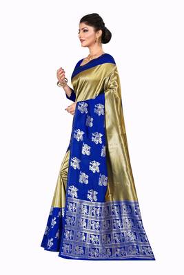 Gold woven silk blend saree with blouse 2