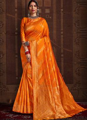 Yellow woven silk Bandhani sarees saree with blouse 1