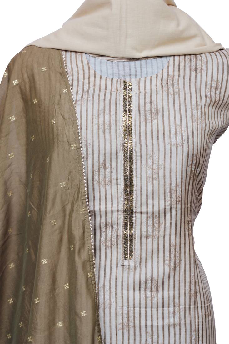 Beige & Mehendi Muslin Cotton Unstitched Suit Set
