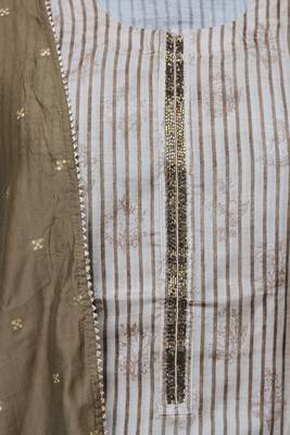 Beige & Mehendi Muslin Cotton Unstitched Suit Set 3