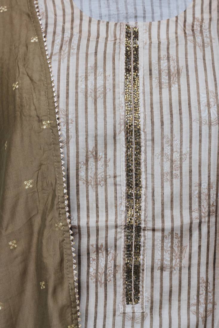 Beige & Mehendi Muslin Cotton Unstitched Suit Set