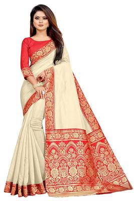 Cream woven chanderi saree with blouse 1
