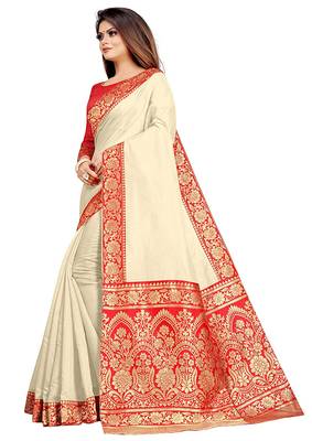 Cream woven chanderi saree with blouse 2