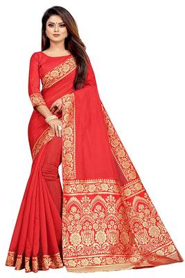 Red woven chanderi saree with blouse 1