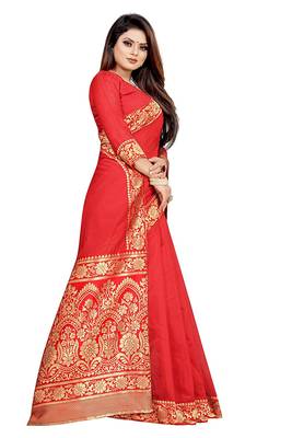 Red woven chanderi saree with blouse 3