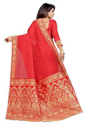 Red woven chanderi saree with blouse 4