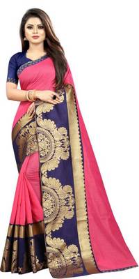 Pink woven chanderi saree with blouse 1