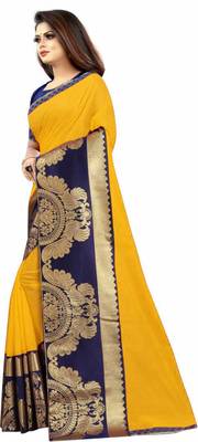 Yellow woven chanderi saree with blouse 4