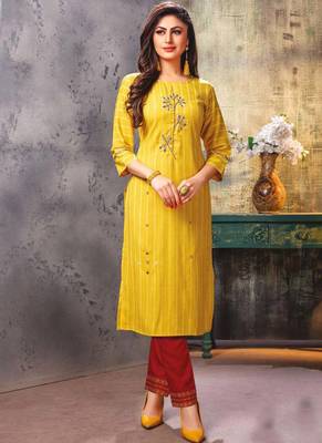 Yellow Embroidered Kurti with Pants 1